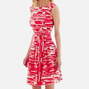 Robbie Bee Dress Size 16 Coral Pink Geometric Sleeveless Fit Flare Belted
